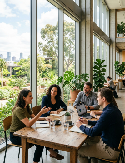 Team in overleg aan een houten tafel in een lichte werkplek met planten